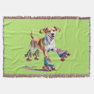 Dog On Roller Skates Watercolor Throw Blanket