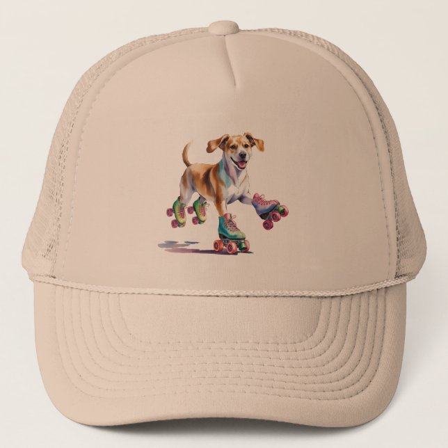 Dog On Roller Skates Watercolor Trucker Hat (Front)