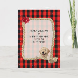 dog on rope frame with lumberjack plaid Christmas Card
