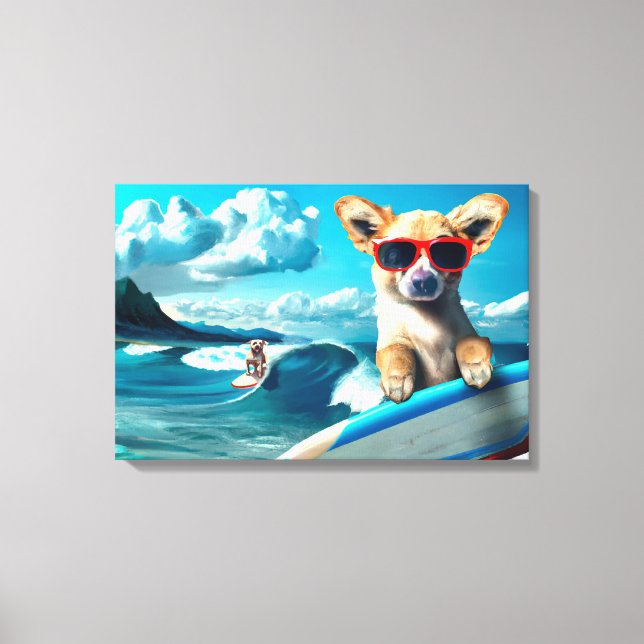 Dog on Surfboard Wearing Sunglasses AI Art Canvas Print (Front)