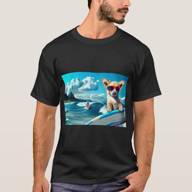 Dog on Surfboard Wearing Sunglasses AI Art T-Shirt (Front)