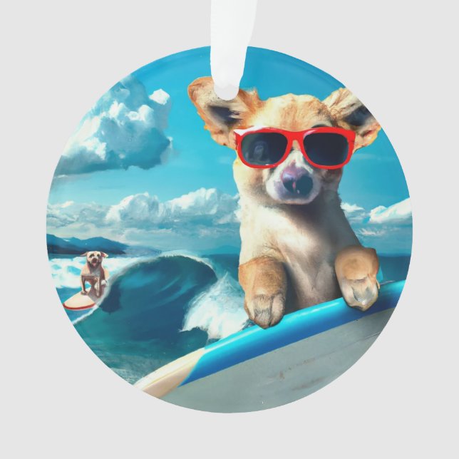 Dog on Surfboard with Sunglasses AI Art Christmas Ornament (Front)