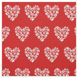 Dog or Cat Paw Prints Hearts Red and White Fabric