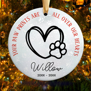 Dog or cat pet memorial paws and heart ceramic tree decoration