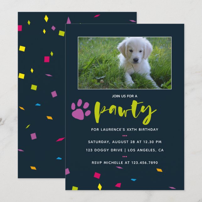 Dog or Puppy Birthday photo confetti invitation (Front/Back)