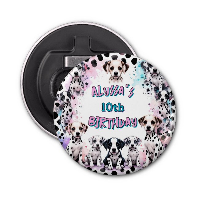 Dog Party Colourful Dalmatian Puppies Birthday Bottle Opener (Front)
