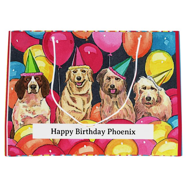 Dog Party Colourful Stripes Personalised Large Gift Bag (Front)