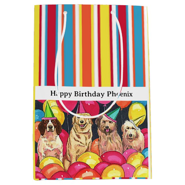 Dog Party Colourful Stripes Personalised Medium Gift Bag (Front)