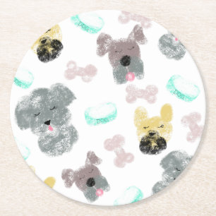Dog Party Doodles Pink Blue Round Paper Coaster