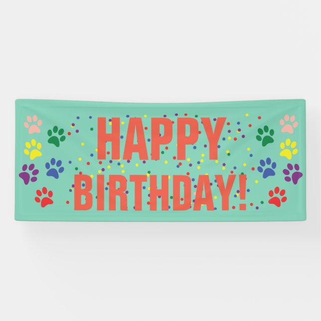Dog party Happy Birthday with pawprints Banner (Horizontal)