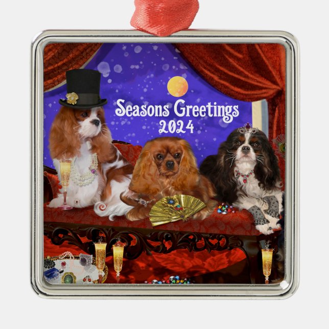 Dog Party Ornament, King Charles Cavalier Spaniels Metal Tree Decoration (Front)