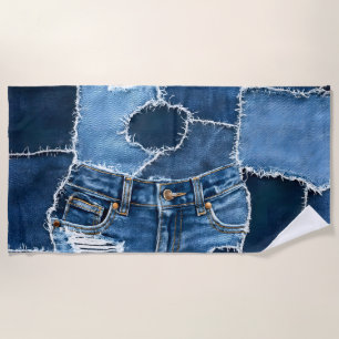 Dog Patchwork Art Denim Beach Towel