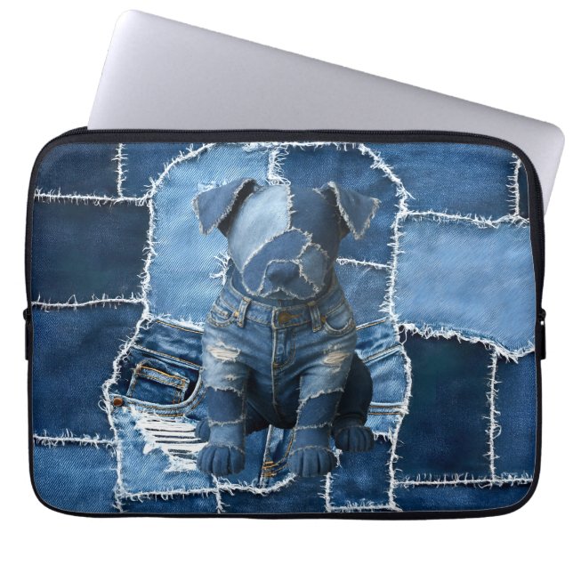 Dog Patchwork Art Denim Laptop Sleeve (Front)