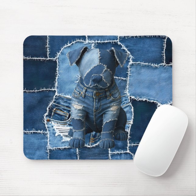 Dog Patchwork Art Denim Mouse Mat (With Mouse)