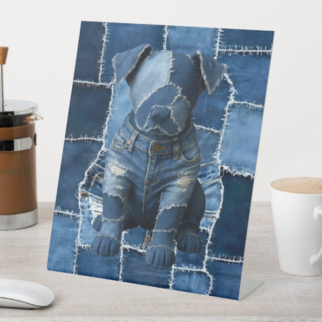 Dog Patchwork Art Denim Pedestal Sign (In SItu)