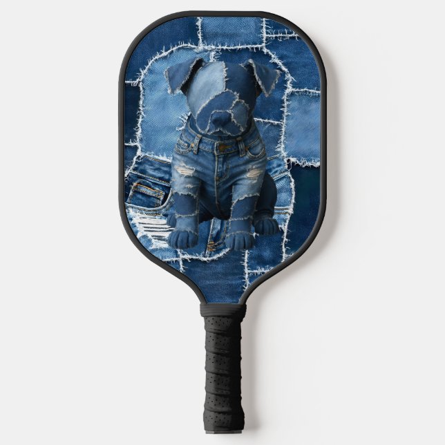 Dog Patchwork Art Denim Pickleball Paddle (Front)
