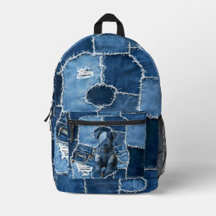Dog Patchwork Art Denim Printed Backpack