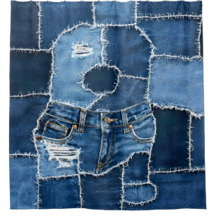 Dog Patchwork Art Denim Shower Curtain