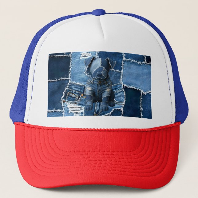 Dog Patchwork Art Denim Trucker Hat (Front)