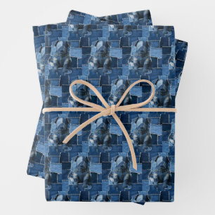 Dog Patchwork Art Denim Wrapping Paper Sheet