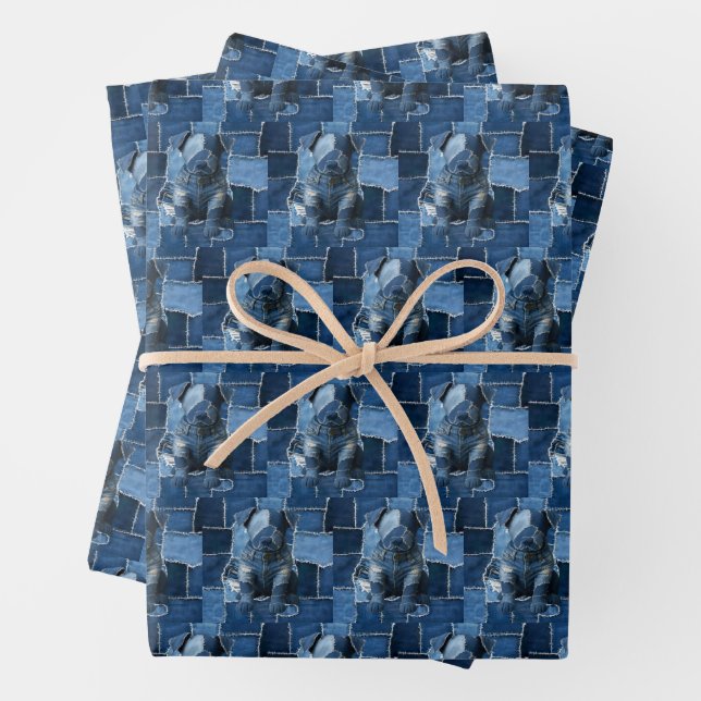 Dog Patchwork Art Denim Wrapping Paper Sheet (In situ)