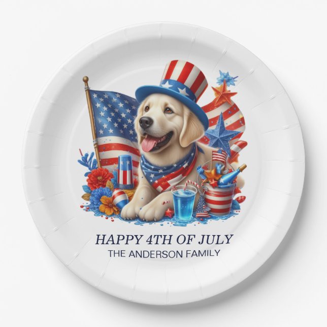 Dog Patriotic Top Hat Red White Blue Stars Stripe  Paper Plate (Front)