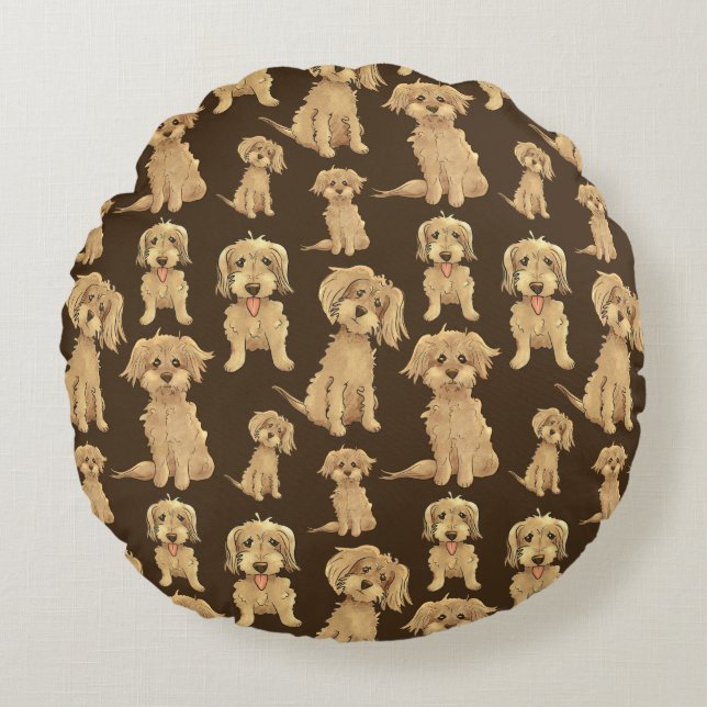 Dog Pattern Brown labradoodle goldendoodle Round Cushion (Front)