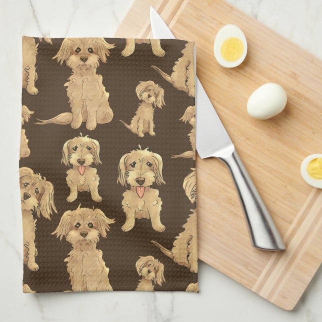 Dog Pattern Brown labradoodle goldendoodle Tea Towel (Quarter Fold)