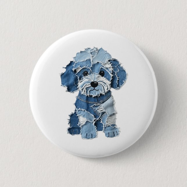 Dog Pattern Denim Patchwork Art  6 Cm Round Badge (Front)