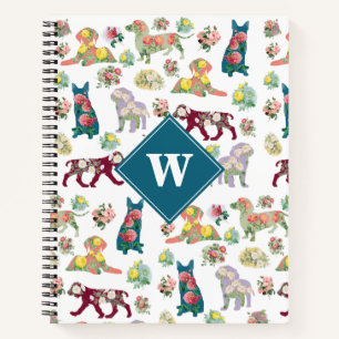 Dog Pattern Vintage Watercolor Flowers Monogram Notebook