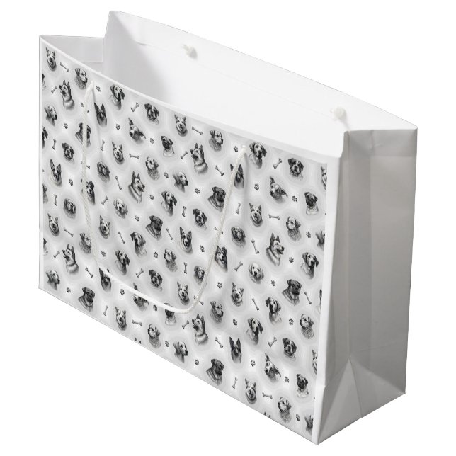 Dog pattern with bones and paw prints large gift bag (Front Angled)