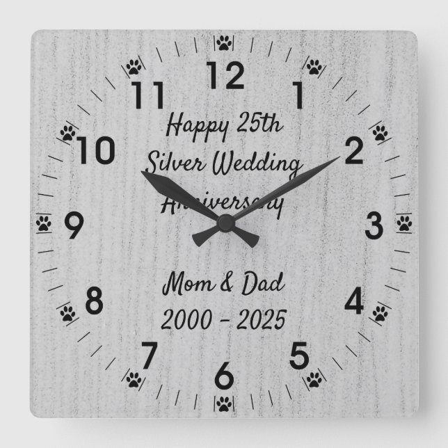 Dog Paw 25th Silver Wedding Anniversary Square Wall Clock (Front)