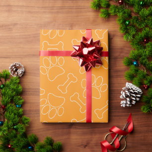 Dog Paw And Bones Drawing Pattern Custom Orange Wrapping Paper