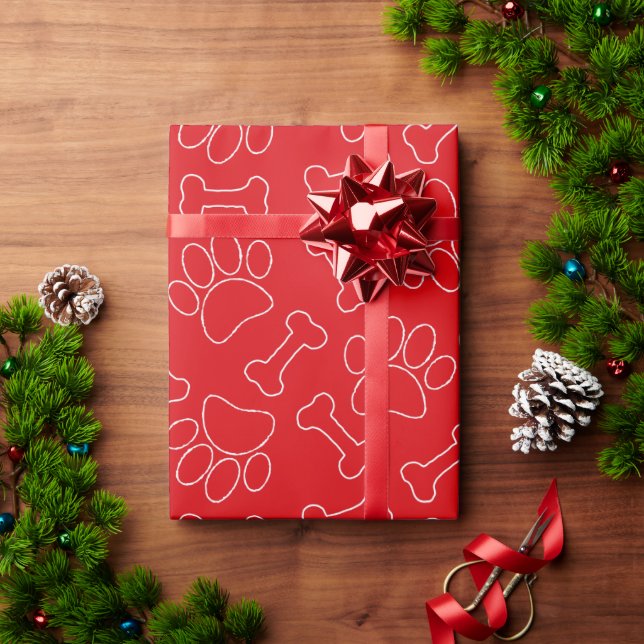 Dog Paw And Bones Drawing Pattern Custom Red Wrapping Paper (Holiday Gift)