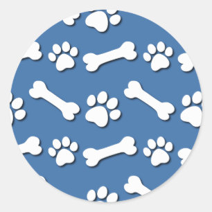 Dog Paw and Bones Pattern Blue Background V04 Classic Round Sticker