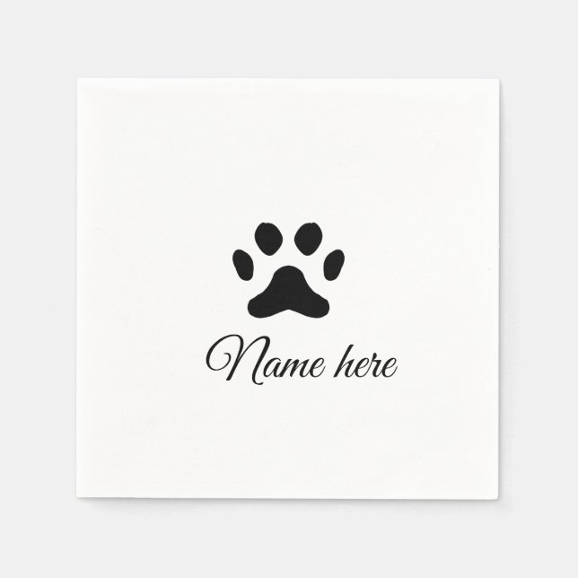 Dog paw black pet add name text animal paw photo napkin (Front)