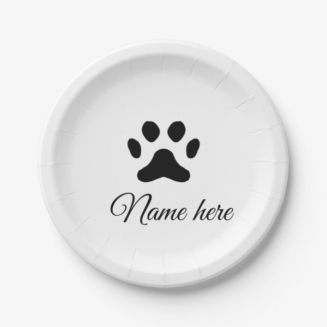 Dog paw black pet add name text animal paw photo paper plate (Front)