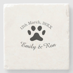 Dog paw black pet wedding couple name date romanti stone coaster