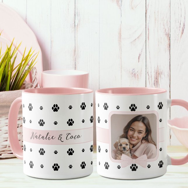 Dog Paw Blush Pink Bow Custom Photo and Text  Mug (Creator Uploaded)