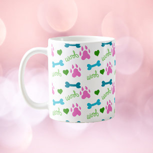 Dog Paw Bone Heart Woof Pattern Pink Coffee Mug