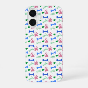 Dog Paw Bones Hearts Woof Pattern Pink Green Blue iPhone 16 Case