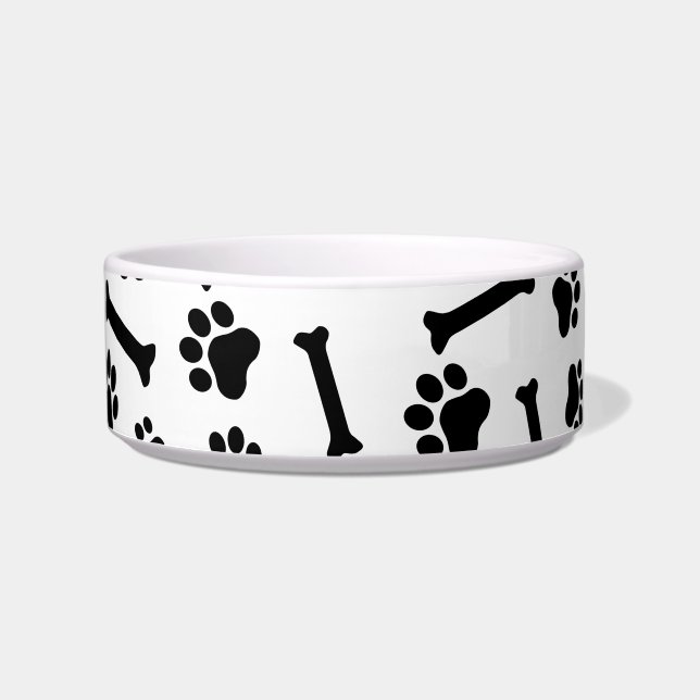 Dog Paw & Bones Seamless Pattern - Black & White Bowl (Front)
