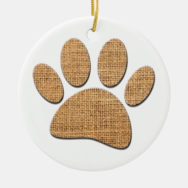 Dog Paw Burlap Print Ceramic Tree Decoration (Front)