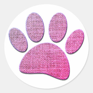 Dog Paw Burlap Print In Pink Classic Round Sticker