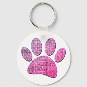 Dog Paw Burlap Print In Pink Key Ring
