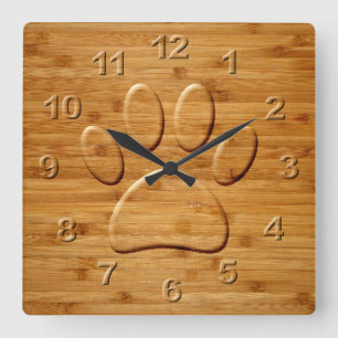 Dog Paw Carved Bamboo Print Square Wall Clock