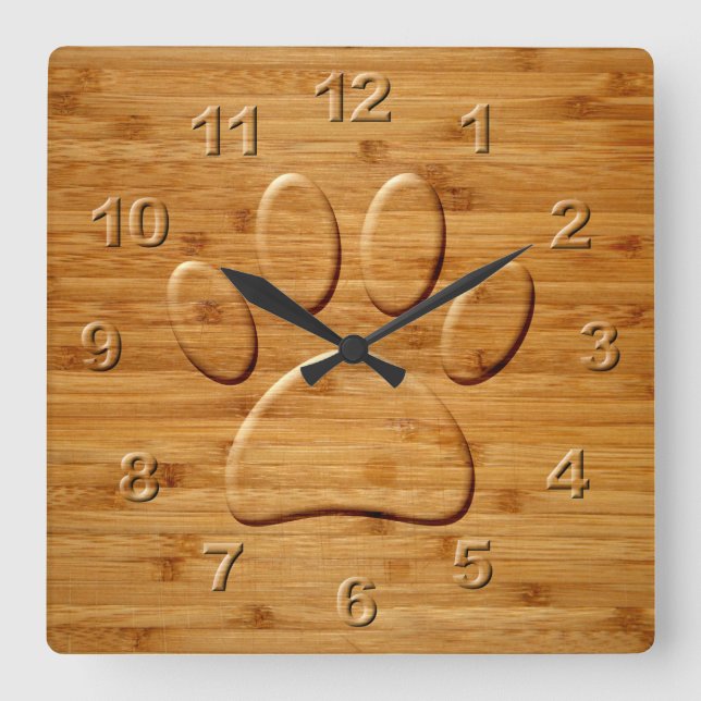 Dog Paw Carved Bamboo Print Square Wall Clock (Front)