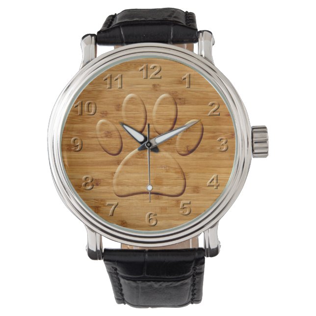Dog Paw Carved Bamboo Print Watch (Front)