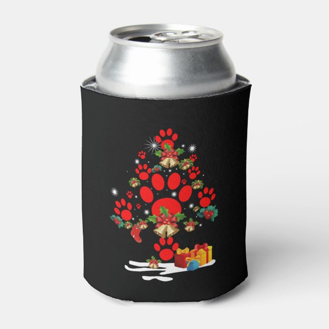Dog Paw Christmas Tree Funny Merry Christmas Can Cooler (Can Front)