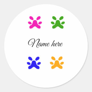 Dog paw colourful pet add name text animal paw classic round sticker